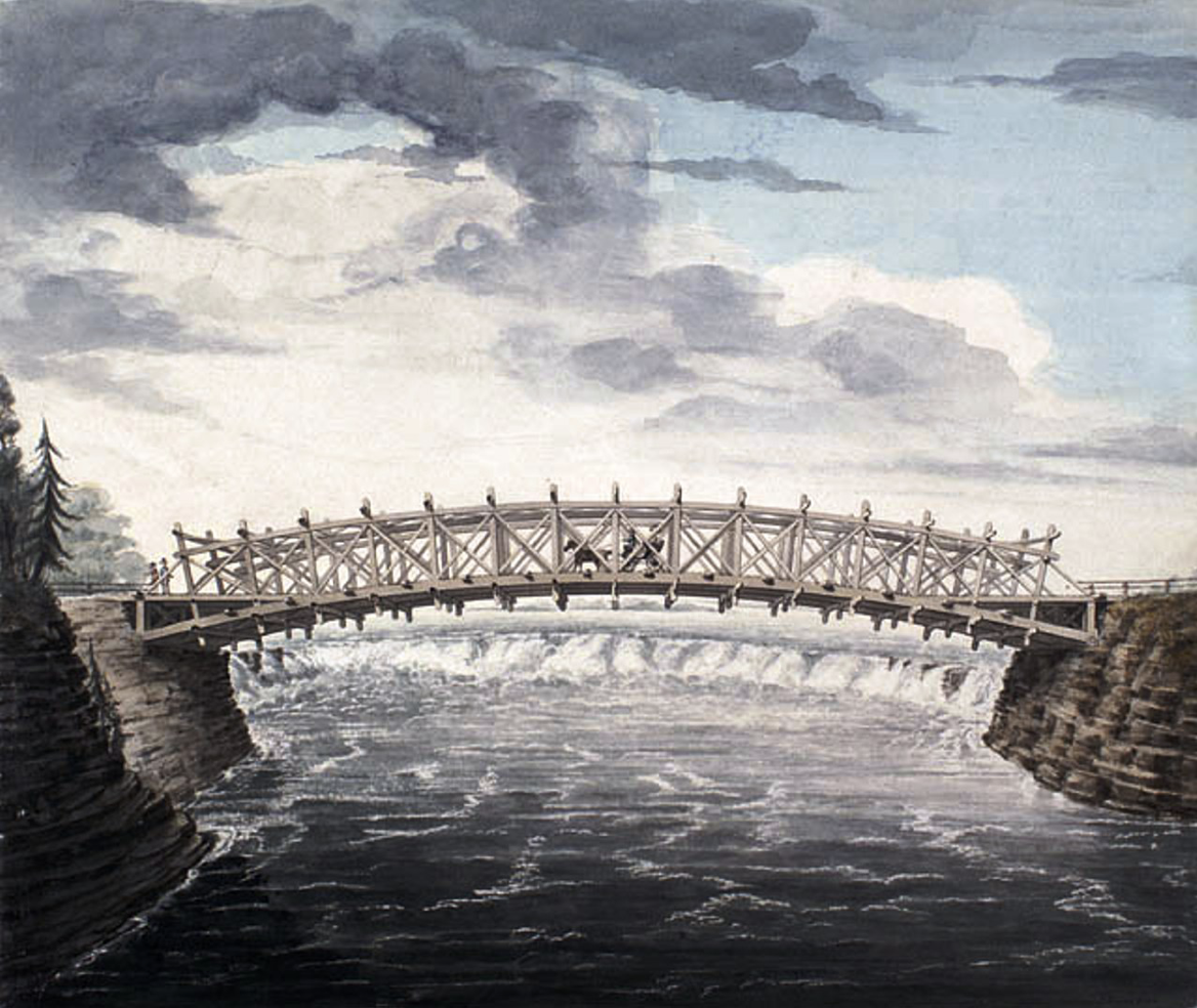 John Burrows watercolour of the wooden truss bridge across the Chaudière Falls, 1827.