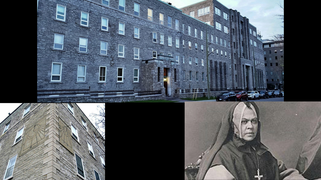 The Grey Nuns Mother House on Bruyère Street, with a portrait of Sister Élizabeth Bruyère.
