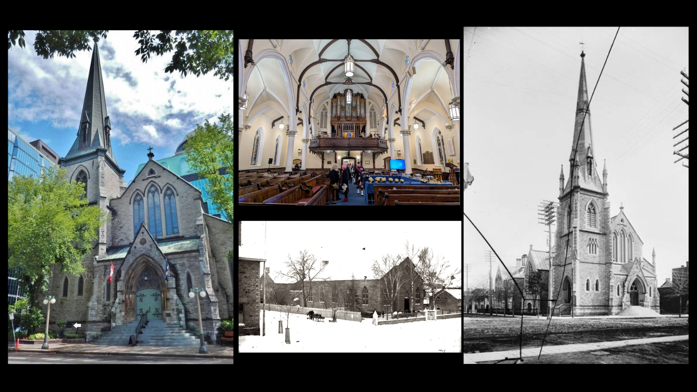 Historic and present-day exterior and interior views of St. Andrew’s Presbyterian Church.