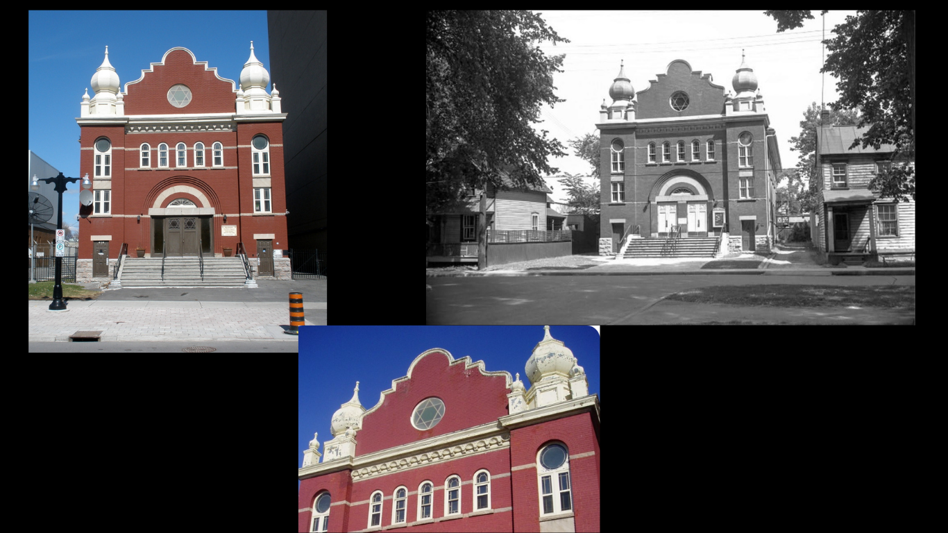 The former Adath Jeshurun Synagogue at 375 King Edward Avenue, shown in contemporary and historic photographs, with a detail of its twin domes and Star of David window.