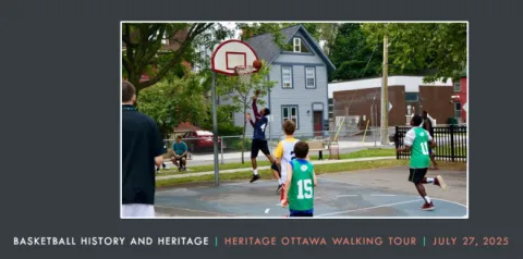 Photo capturing young people playing basketball on outdoor neighbourhood court