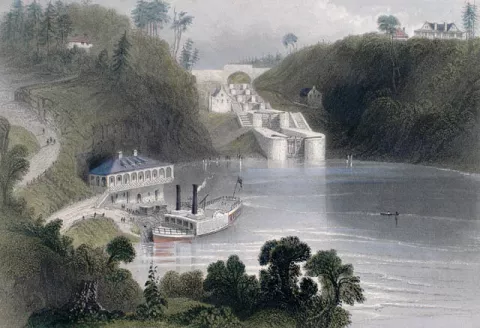 Steamboat Landing on the Ottawa River around 1840, illustrated by W. H. Bartlett.