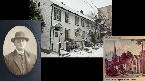 Quinn’s Row on Nepean Street, with a portrait of Patrick Quinn and a historic streetscape illustration.